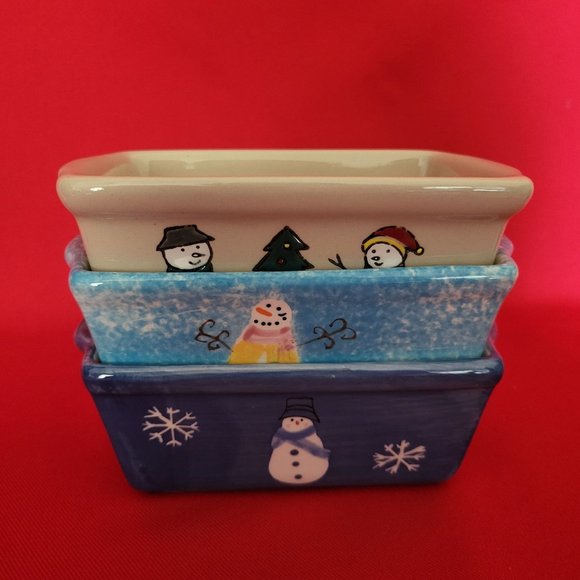 Mini Bread Loaf Pan Ceramic Stoneware Christmas Winter Snowman Snowflakes Set of - Picture 1 of 12